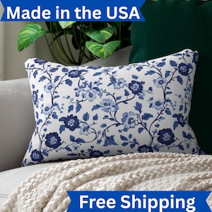 Blue Chinoiserie Lumbar Pillow: Farmhouse Floral Accent Cushion