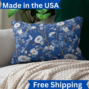 Blue Chinoiserie Lumbar Pillow: Farmhouse Chicken Accent Cushion