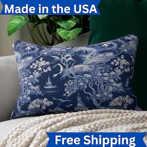 Blue Chinoiserie Lumbar Pillow: Farmhouse Floral Accent Cushion