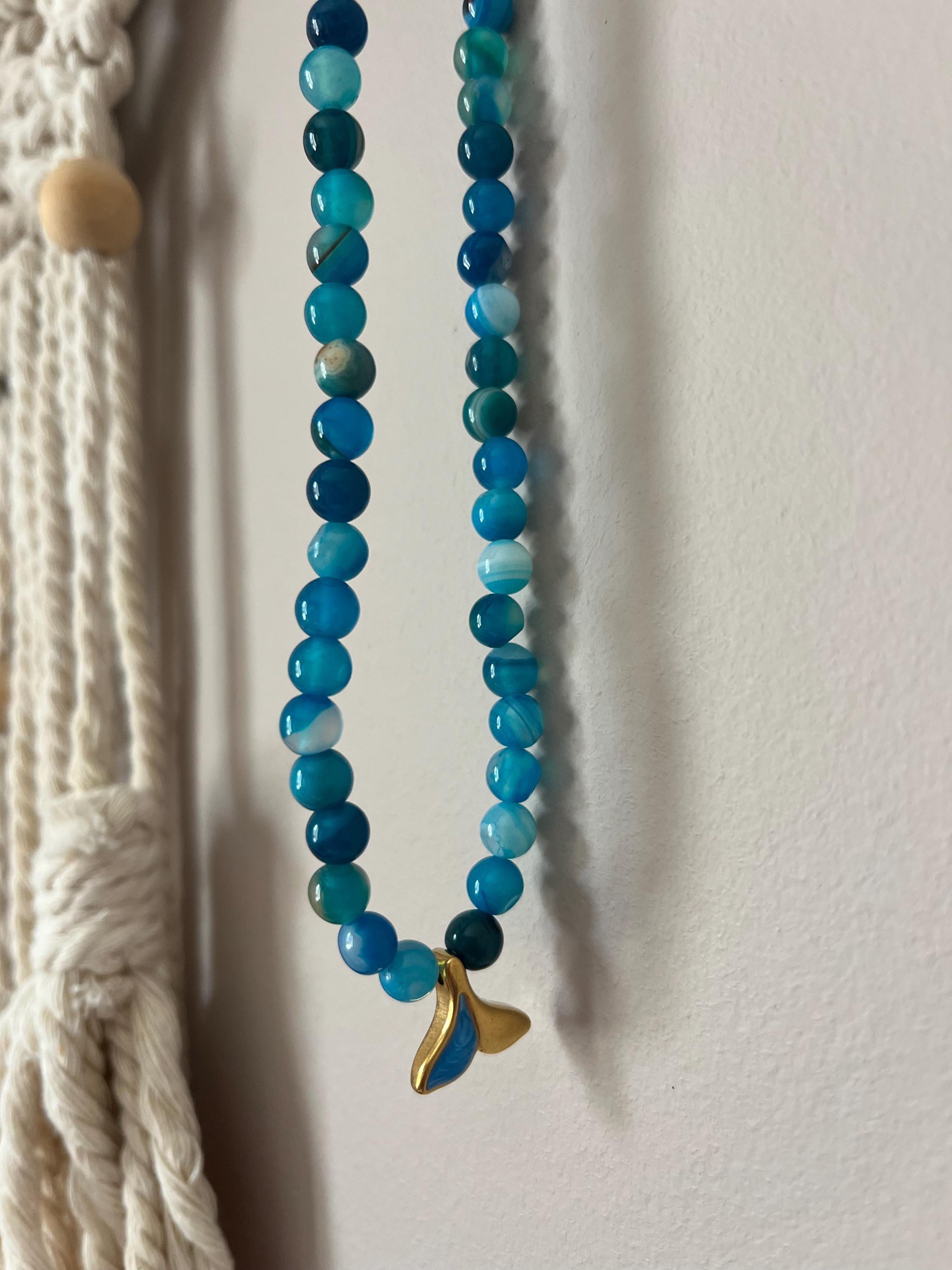 Collier Long En Agates Bleues - Longueur 60 Cm, Qualité Supérieure, Neuf Sans Emballage