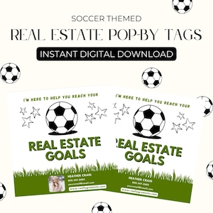 Sjabloon pop-by-tag onroerend goed | Realtormarketing met voetbalthema | Bewerkbare afdrukbare canvassjabloon