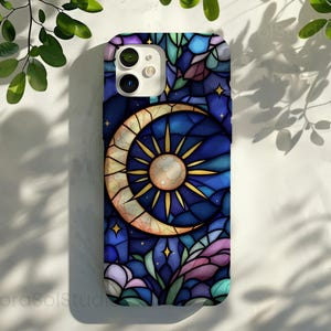 Moon Star Phone Case Faux Stained Glass | Samsung Galaxy S25 S24 S23 S22 Ultra Plus Covers | Blue Gold Celestial Sky Design | Pixel 7 8 9