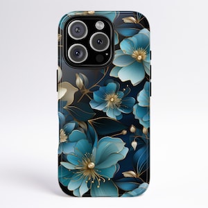 BLUE BLOSSOMS Phone Case | Aqua Blue and Gold Floral iPhone 16 Pro Cover, Wildflower iPhone 15 14 13 12, Samsung S24 & Pixel 9 Pro Case