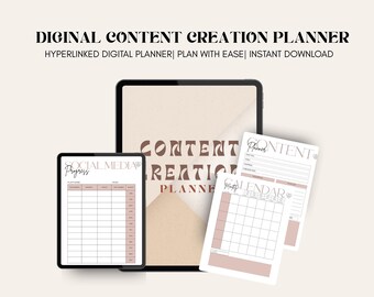 May include: A digital content creation planner displayed on a tablet and two sheets of paper. The tablet shows a progress chart. The text on the image reads "DIGINAL CONTENT CREATION PLANNER" and "HYPERLINKED DIGITAL PLANNER | PLAN WITH EASE | INSTANT DOWNLOAD."