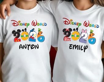 Camiseta personalizada de Disney World 2026, camisetas para viajes familiares a Disney, camiseta personalizada para vacaciones en Disney, camiseta de cumpleaños de Mickey, Minnie, Donald y Goofy.