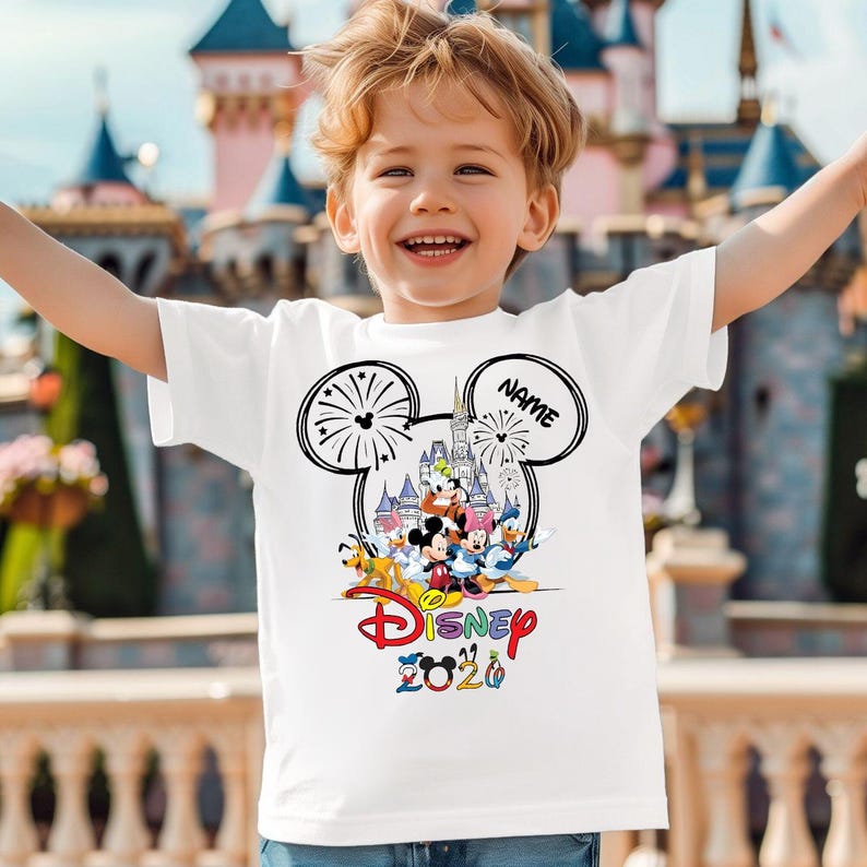 May include: A white short-sleeved t-shirt featuring a graphic of Mickey Mouse ears containing a castle and fireworks. The design includes Disney characters, the word NAME, and the text Disney 2020 in colorful lettering on the front of the shirt.
