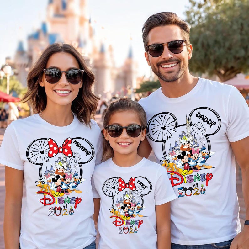 May include: Three white t-shirts featuring a graphic of Mickey Mouse and friends in front of a castle inside a Mickey ear silhouette. The shirts include the text Disney 2020 and personalized names like Mommy, Daddy, and Emily with red bows.