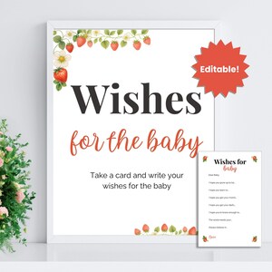 Editable Baby Shower Sign – “Wishes for the Baby” – Strawberry Theme Printable – DIY Table Sign – Instant Download PDF