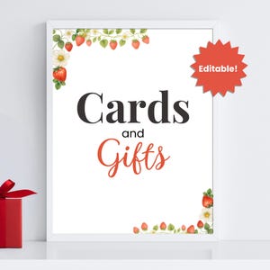 Panneau modifiable pour baby shower - Cartes de vœux et cadeaux - Thème fraise imprimable - Panneau de table DIY - PDF à téléchargement immédiat