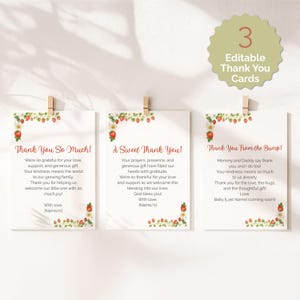 Cartes de remerciement pour baby shower aux fraises - Modèles modifiables de 5 x 7 - Classiques, confessionnelles et improvisées - Téléchargement immédiat