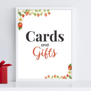 Enseigne pour cartes et cadeaux de baby shower aux fraises – PDF imprimable 8 x 10 avec repères de finition, téléchargement immédiat