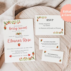 Bewerkbare uitnodigingsset babyshower aardbei – RSVP, luierloterij en boekverzoekkaarten – afdrukbare sjabloonbundel