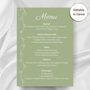 Sage Green Wedding Menu Canva Template, Hand-Drawn Ivy Reception Menu, Printable Table Details, Elegant Wedding Stationery, Custom Menu Card