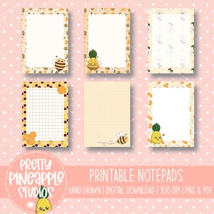 Puede incluir: Seis blocs de notas imprimibles con varios diseños. Los blocs de notas presentan ilustraciones de abejas, piñas y flores. Los blocs de notas tienen un interior blanco con bordes decorativos. El texto "PRETTY PINEAPPLE STUDIOS" y "PRINTABLE NOTEPADS" es visible.