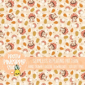 Modèle sans couture fille automne champignon, papier numérique automne douillet, impression de champignon vénéneux kawaii, fond de feuilles des bois, automne mignon PNG