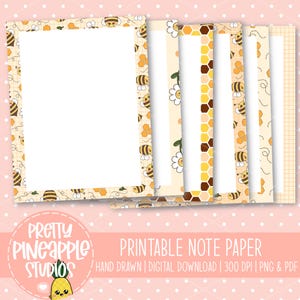 Papel de notas imprimible de abejas kawaii, papelería linda con diseño de panal PNG PDF, papel digital para escribir con abejas florales pastel, uso comercial