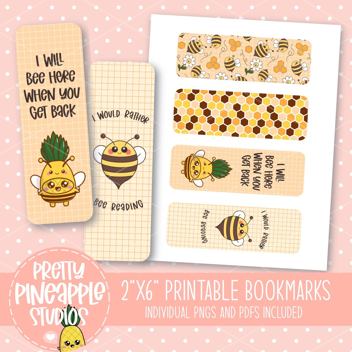 Kawaii Bee Printable Bookmark Set, Cute Honeycomb Floral Bookmarks PNG ...