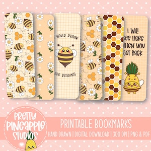 Kawaii Bee Printable Bookmark Set, Cute Honeycomb Floral Bookmarks PNG ...