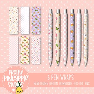 May include: Six pen wraps with various patterns, including ghosts, candy corn, and checkered designs. The pens are in pastel colors like pink, purple, and cream. The image also shows the text "6 PEN WRAPS" and "PRETTY PINEAPPLE STUDIOS".