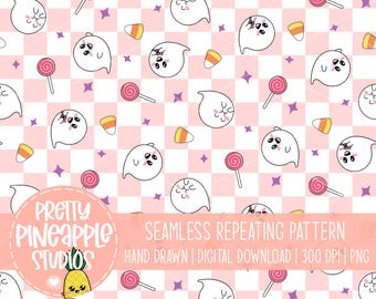 Cute Ghost Halloween Seamless Digital Paper with Candy Corn and Pastel Check Pattern for Scrapbooking and Journaling, Commercial Use
