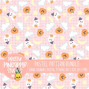 Pastell Halloween Muster, Kawaii Geist Digitales Papier, Niedlicher Kürbis PNG, Gruseliger Tumbler Wrap, Rosa Halloween Hintergrund