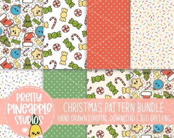 Christmas Digital Paper Bundle Cute Holiday Scrapbook Patterns Seamless Kawaii Winter Candy Cookie Backgrounds, Commercial Use File