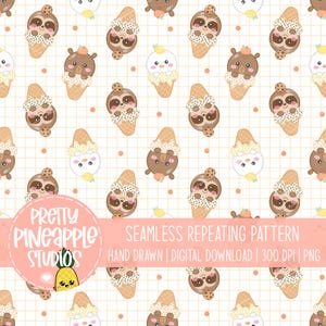 May include: Seamless repeating pattern featuring cartoon sloths, bears, and birds as ice cream cones. The design includes a light pink circle with the text "PRETTY PINEAPPLE STUDIOS" and a pineapple graphic. The background is a grid with orange dots.