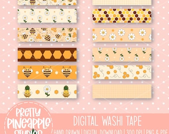 May include: Digital washi tape set featuring various designs with bees, daisies, honeycombs, and pineapples. The color palette includes yellow, orange, and brown on a light beige background. The text "Pretty Pineapple Studios" and "Digital Washi Tape" are visible.