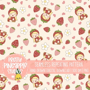 Strawberry girl cute pattern, fruit seamless PNG, kawaii digital paper for sublimation or print, summer fruit design, commercial use file