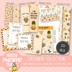 Ultimate Kawaii Bee Stationery Bundle, Cute Printable PNG PDF Set with Notepads, Stickers, Pen Wraps, Bookmarks, Paper & Covers