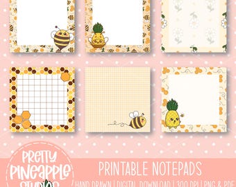 May include: Set of six printable notepads with cute bee and pineapple designs. Each notepad features a different background pattern, including bees, flowers, and honeycomb. The notepads are square-shaped and have a blank space for writing. The text "PRINTABLE NOTEPADS" is visible.