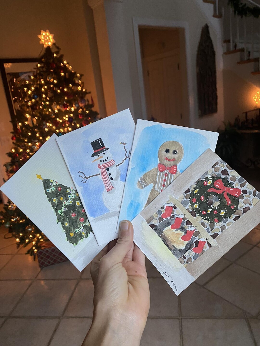 Set of 4 Hand Painted Watercolor Christmas Cards With Envelopes. Tree ...