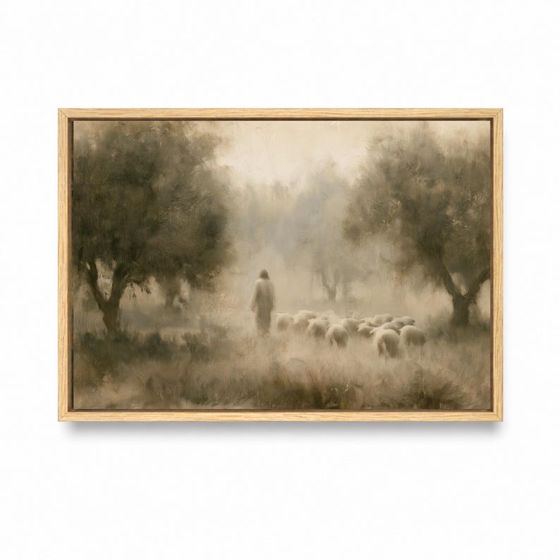 Good Shepherd biblical wall art shown in a natural wood frame on a clean background.