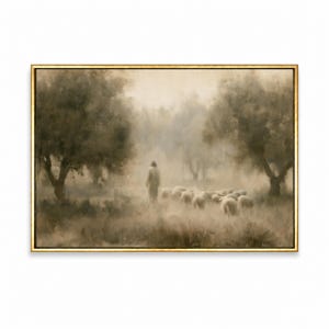 Good Shepherd biblical wall art shown in a gold frame on a clean background.
