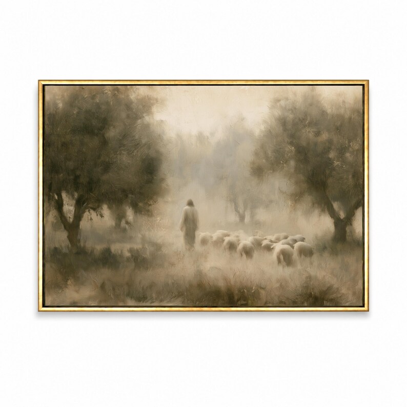 Good Shepherd biblical wall art shown in a gold frame on a clean background.