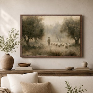 Good Shepherd Christian wall art displayed in a warm neutral room with natural decor.
