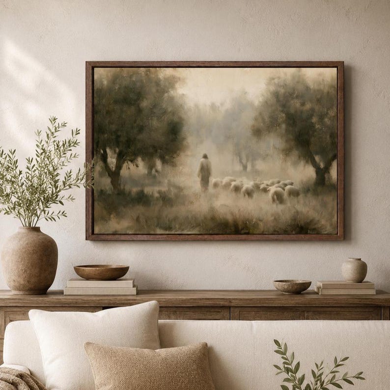 Good Shepherd Christian wall art displayed in a warm neutral room with natural decor.