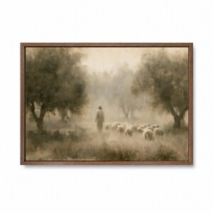 Good Shepherd biblical wall art shown in a dark frame on a clean background.