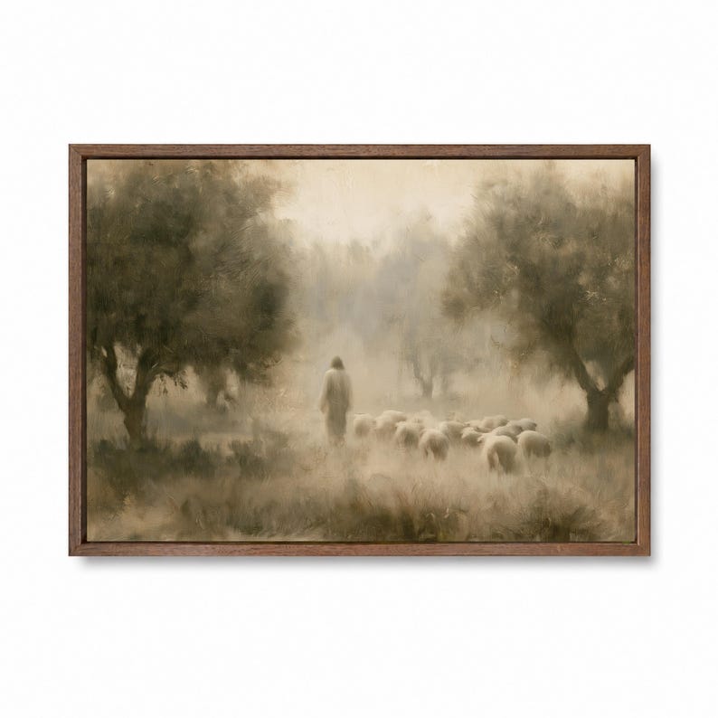 Good Shepherd biblical wall art shown in a dark frame on a clean background.