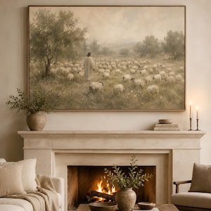 Good Shepherd Christian Wall Art, Jesus with Sheep Print, Neutral Bible Painting, Vintage Faith Decor, Christian Gift