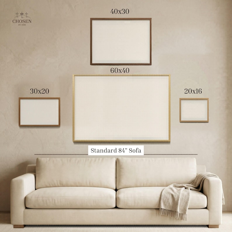 Size guide showing available dimensions for Good Shepherd Christian wall art above a sofa.