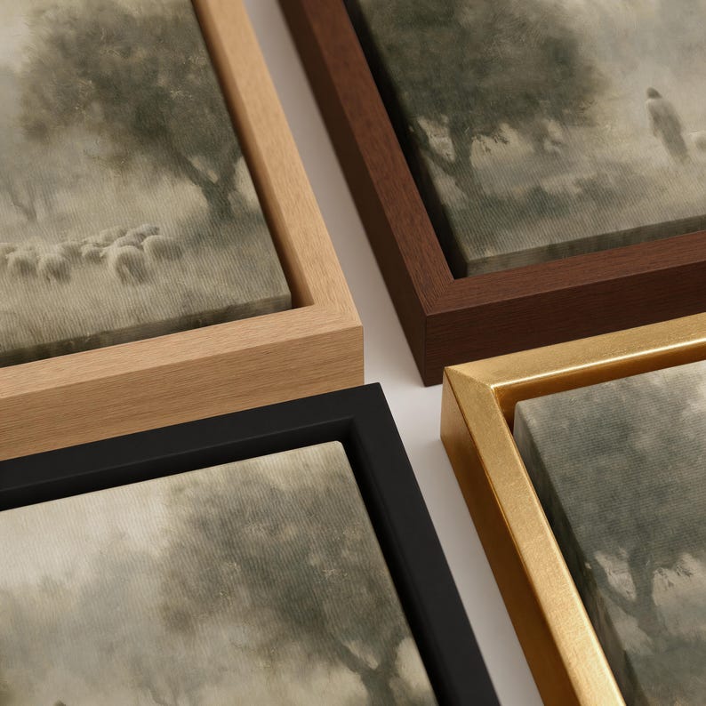 Available frame finishes for Good Shepherd Christian wall art in multiple wood and dark frame options.