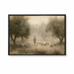 Good Shepherd biblical wall art shown in a black frame on a clean background.