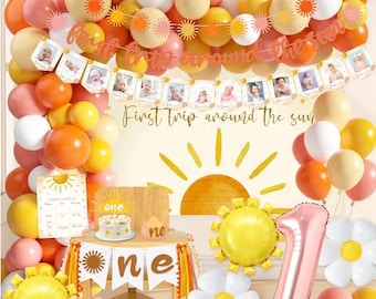 First Trip Around The Sun Birthday Decorations for Girl Boho Sun 1st Birthday Supplies with Backdrop Balloons Garland Monthly Photo Banner