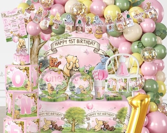 273 PCS Bear 1st Birthday Decorations, All-in-One Baby Girl 1st Birthday Decorations Set with Plates, Napkins Pooh Balloon Garland , Banner