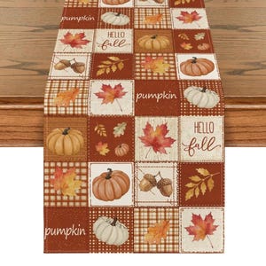 Camino de mesa otoñal de 33 x 183 cm, decoración para fiestas en casa, calabazas a cuadros y hojas de arce, decoración de temporada para la mesa del comedor o la cocina.