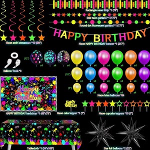 May include: A neon party decoration set featuring a Happy Birthday banner, neon swirl streamers, star and dot garlands, a backdrop, a tablecloth, cake and cupcake toppers, and various latex balloons in sizes of 5, 10, and 12 inches.