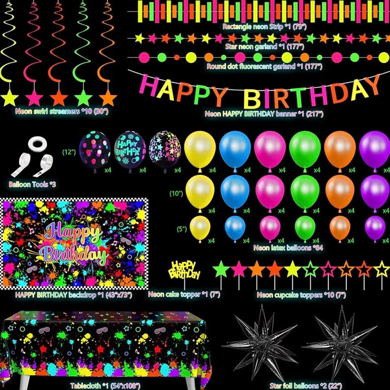 May include: A neon party decoration set featuring a Happy Birthday banner, neon swirl streamers, star and dot garlands, a backdrop, a tablecloth, cake and cupcake toppers, and various latex balloons in sizes of 5, 10, and 12 inches.