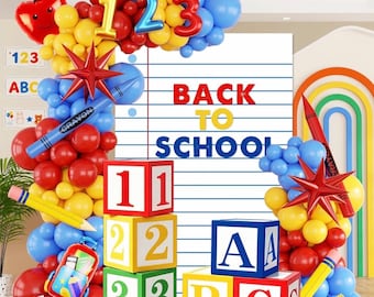 Decoraciones para la vuelta al cole, kit de arco de globos para la vuelta al cole con fondo de papel de cuaderno, bolsa de Apple Pencil, globos de aluminio, cajas ABC