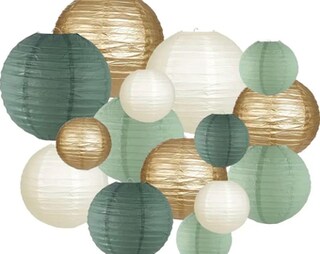 Kit Di Decorazioni Per Feste Verde Salvia E Oro - 23 Pezzi Di Pompon, Ventagli, Lanterne E Ghirlande In Carta - Per Baby Shower, Matrimoni, Compleanni E Addii Al Nubilato